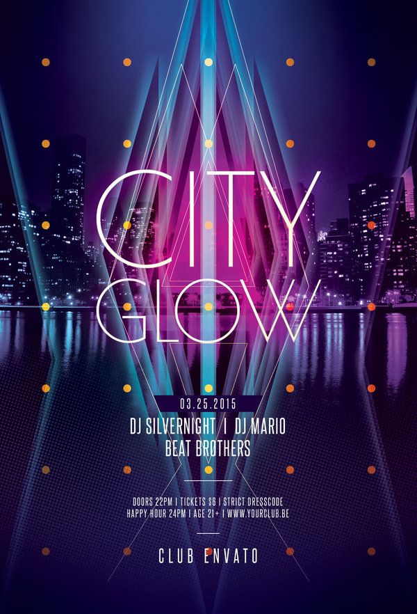 the city show flyer is shown with neon lights and an abstract design in purple tones