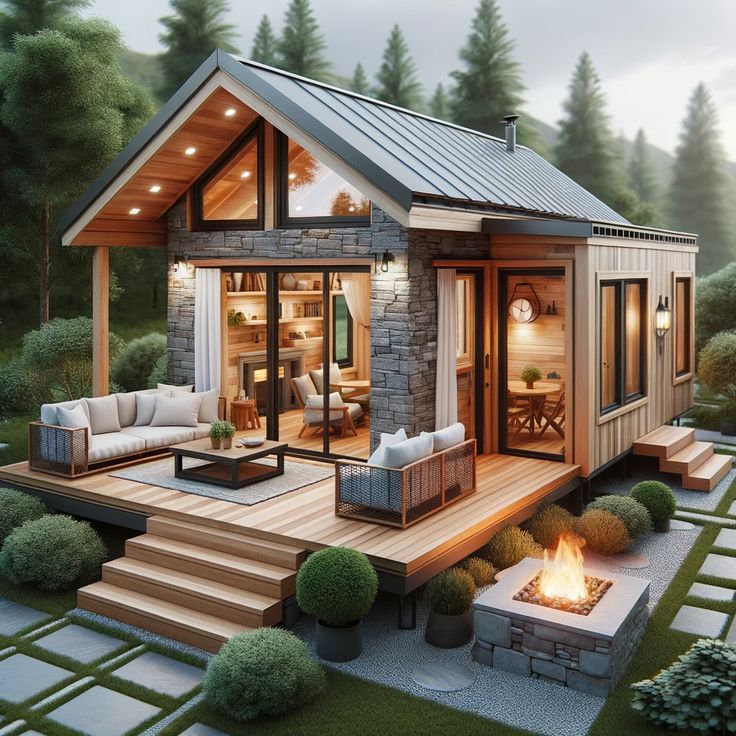 an artist's rendering of a small cabin in the middle of a garden with fire pit