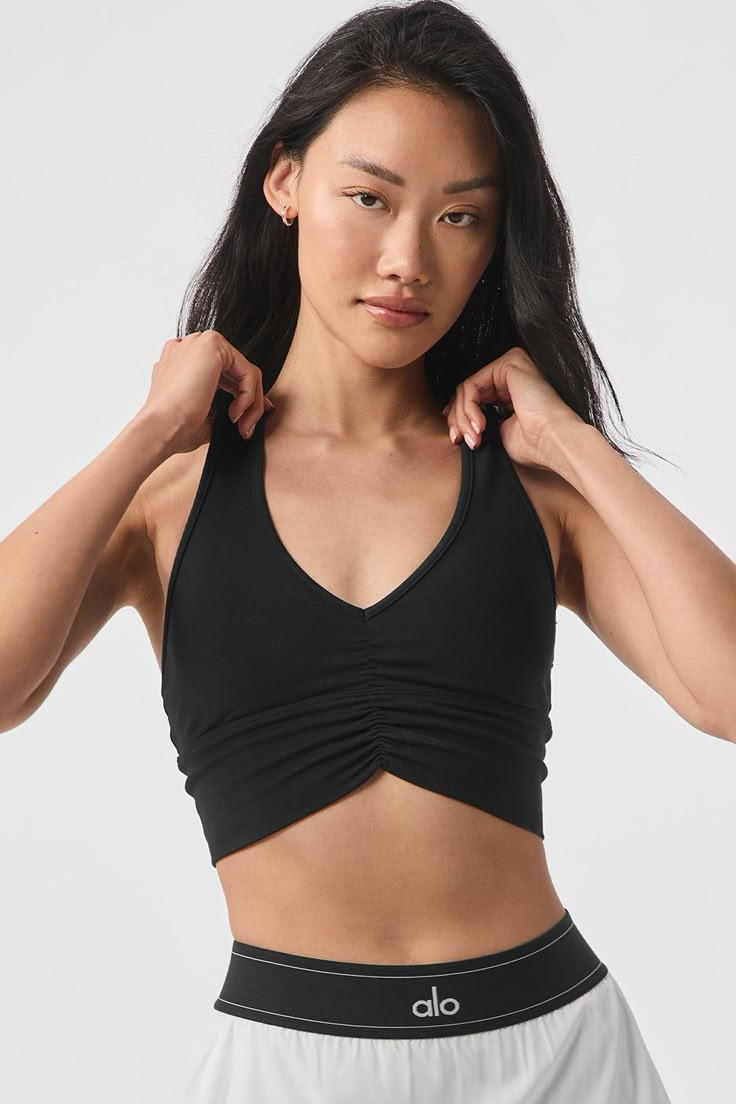 Cute ruching down the front, a gently supportive fit, a waist-skimming crop… the Wild Thing combines the best elements of a bra and a crop top. As for the Airbrush fabric, it’s an Alo signature that’s breathable, incredibly soft, and constructed with four-way-stretch for a perfect fit. Style it with leggings and shorts (for movement) or trousers and skirts (for style). Sweatpants And Sweater, Gray Accessories, Slouchy Tee, Matching Leggings, Suit Up, Knitwear Dress, Back Women, Kendall + Kylie, Alo Yoga