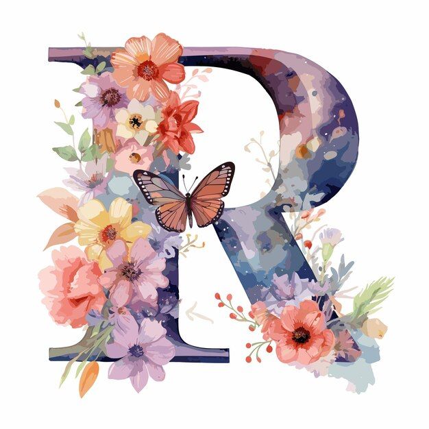 the letter r is decorated with flowers and a butterfly in it's upper case