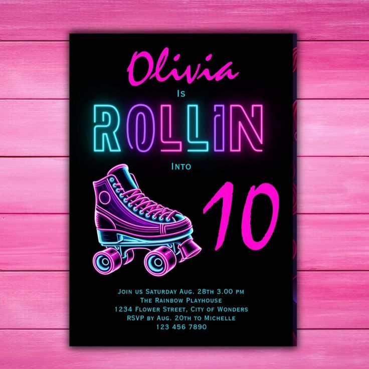 a neon roller skate birthday party card with the number ten on it and an image of a