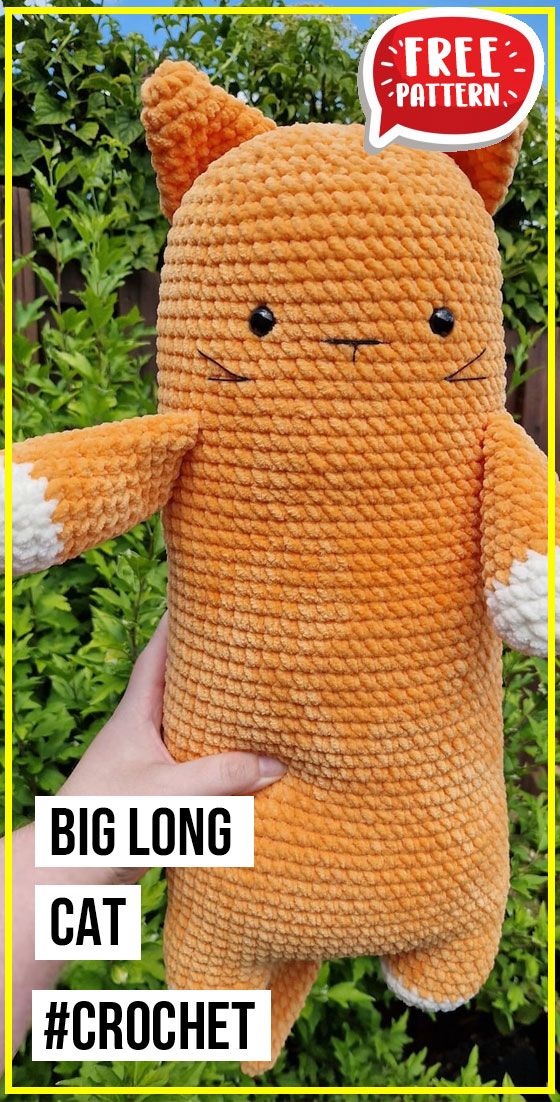 a hand holding an orange stuffed animal with the caption, big long cat crochet