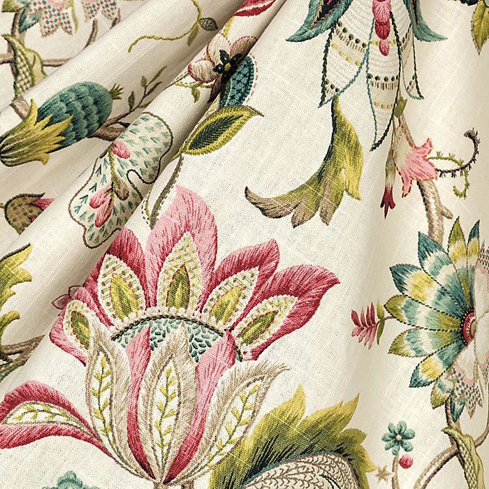 a close up view of the fabric with flowers and leaves on it, in white