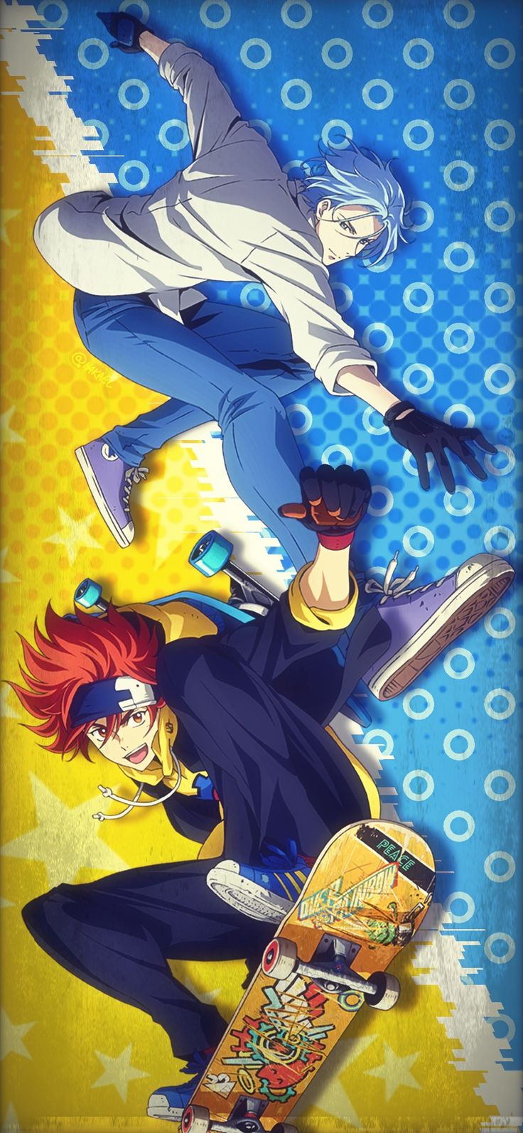 two anime characters with skateboards in front of blue and yellow background, one is jumping over the other