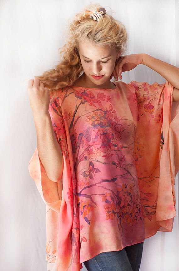 Hand Painted Silk Blouse Shirt Kaftan Kimono Tunic Caftan Shirt Kaftan, Blouse Dress Outfit, Kaftan Tunic, Caftan Tunic, Silk Tunic Dress, Kimono Shirt, Kimono Blouse, Silk Clothes, Silk Outfit