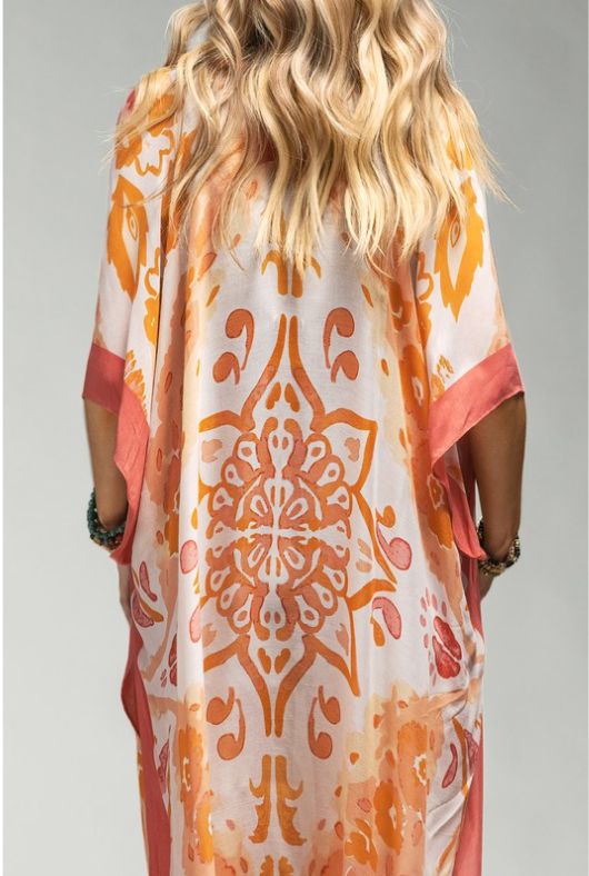 Gorgeous watercolor floral print with kimono Fabric Content: *100% Viscose *APPROX. L 38" W 40" Available Online & In-Store From the #1 Boutique in Oceanside Orange Summer Festival Kimono, Summer Festival Orange Kimono, Orange Bohemian Kimono With Floral Print, Multicolor Print Kimono For Spring Beach Cover-up, Bohemian Orange Printed Kimono, Colorful Patterned Spring Kimono, Spring Beachwear Orange Kimono, White Floral Kimono For Festival, White Floral Print Kimono For Festival