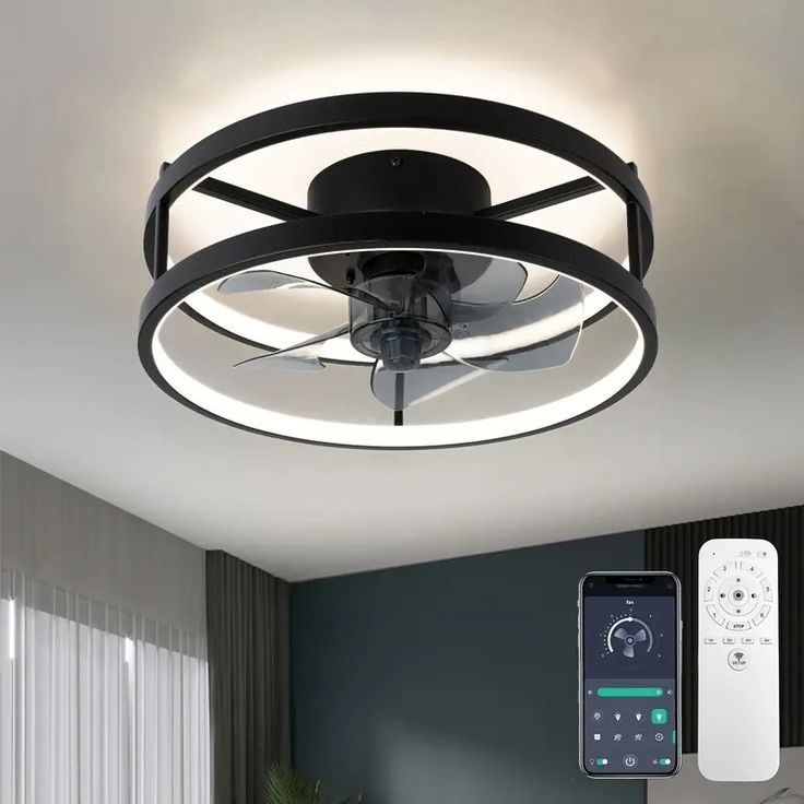 a modern ceiling fan with remote control in the living room or bedroom area, and an appliance connected to it