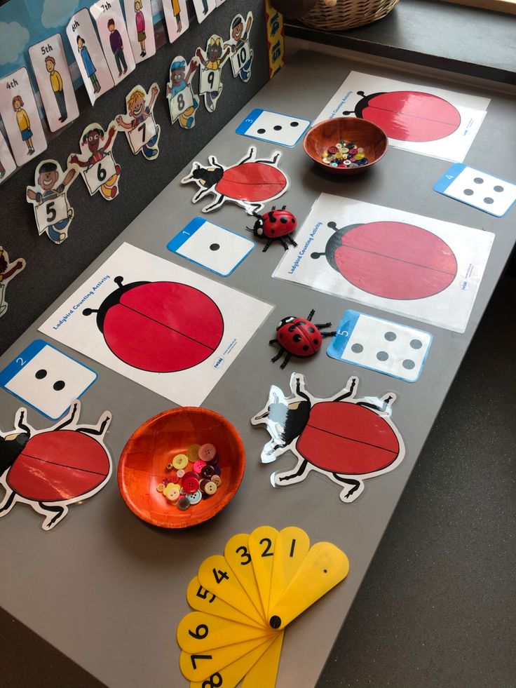 ladybug themed paper plates and matching cards on a table in front of a bulletin board