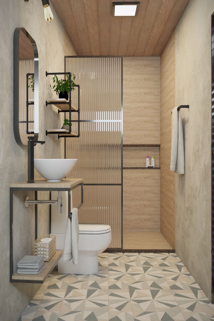 a bathroom with a toilet, sink and shelves on the wall next to each other