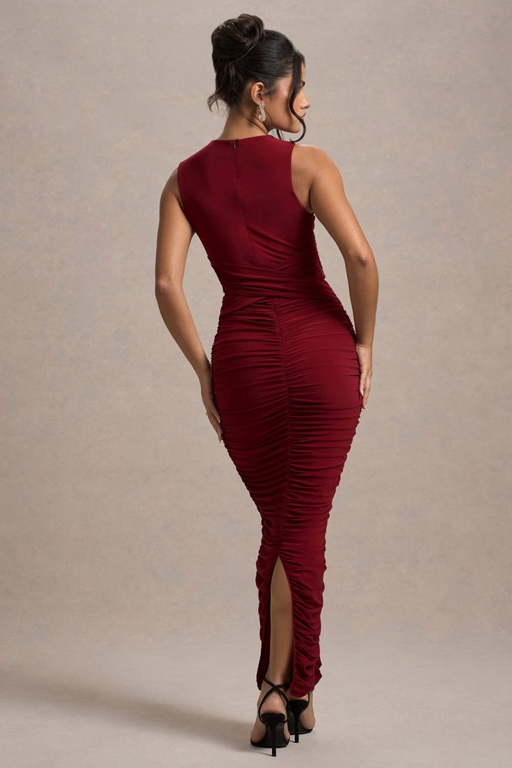 Aire Wine Cut-Out Ruched Maxi Dress – Club L London - USA Ruched Midi Dress For Date Night, Ruched Elastane Midi Bodycon Dress, Draped Ruched Bodycon Dress In Elastane, Draped Ruched Bodycon Dress, Draped Ruched Elastane Bodycon Dress, Ruched Draped Bodycon Dress In Elastane, Formal Ruched Elastane Bodycon Dress, Formal Ruched Bodycon Dress, V-neck Ruched Maxi Dress For Night Out