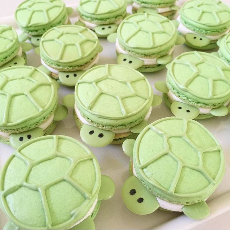 small green turtle cakes are on a table