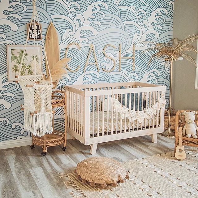 a baby's room decorated in blue and white