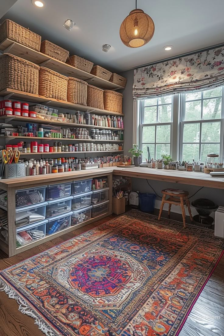 an area rug in the middle of a room with shelves and baskets on the wall