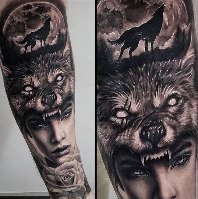 two wolf tattoos on the arm and leg