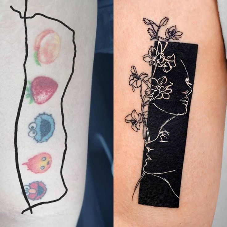 two different tattoos that have flowers on them