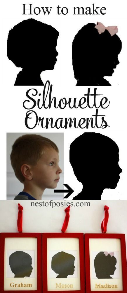 the silhouettes of three children are shown in red frames with text that reads how to make silhouette ornaments