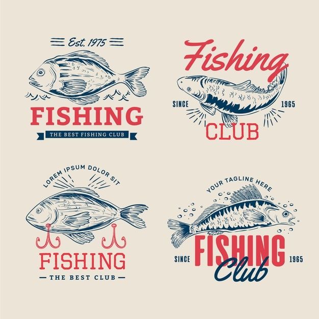 four logos for fishing club with different types of fish and the words fishing club on them