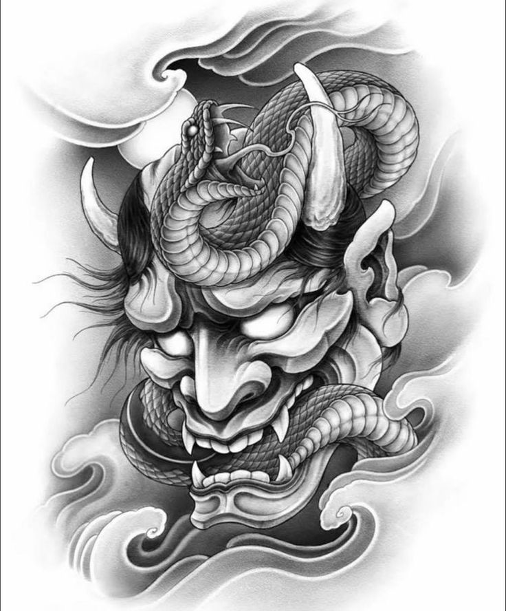 Dragon Mask Tattoo, Japanese Dragon Mask, Hannya Maske Tattoo, Hanya Mask Tattoo, Hannya Maske, Tato 3d, Japanese Mask Tattoo, Oni Mask Tattoo, Tato Tradisional