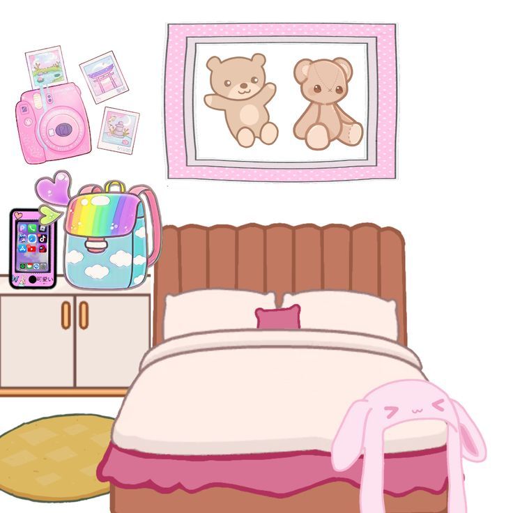 there is a bed with pink sheets and teddy bears on the wall above it, along with other toys