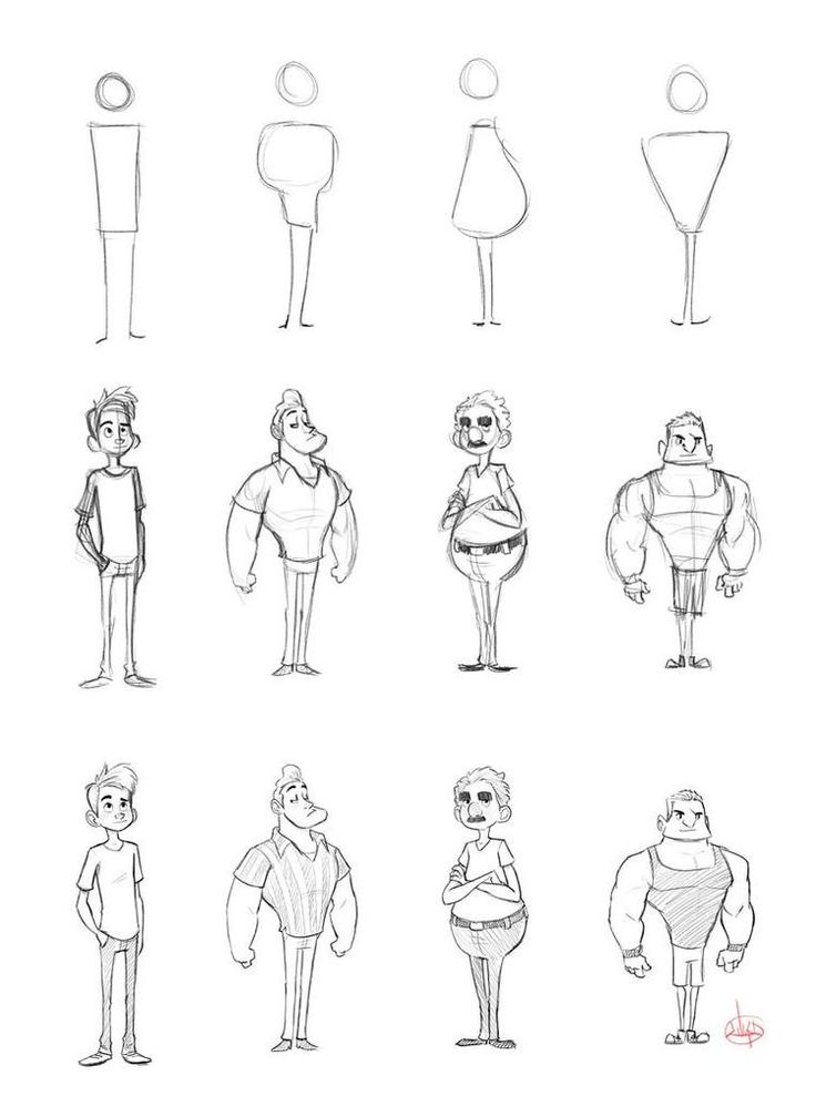 some cartoon character poses for different ages to be drawn by hand, including the head and shoulders