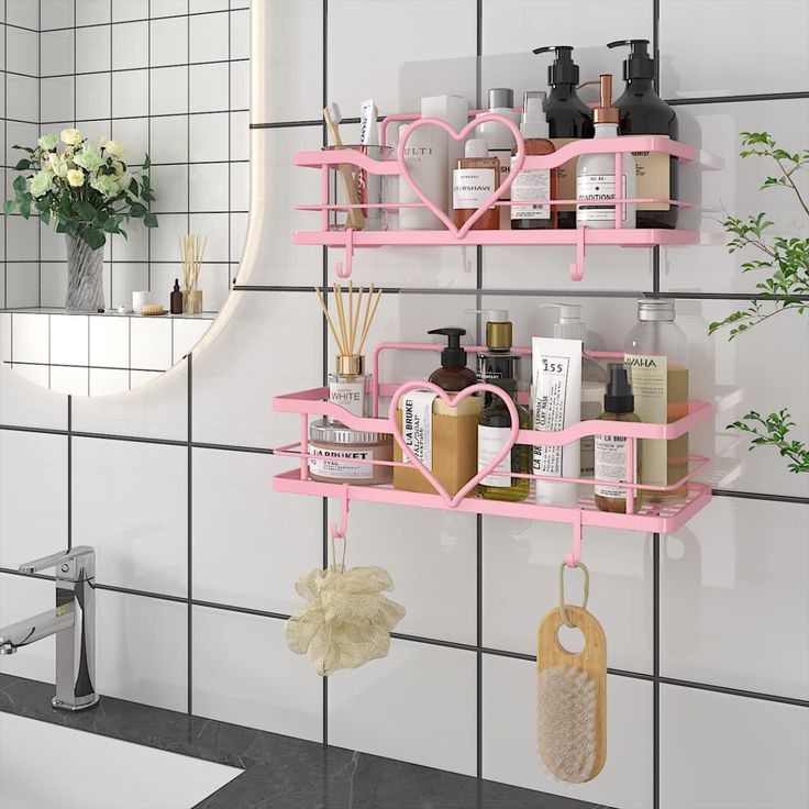 two pink shelves holding personal care items in the bathroom