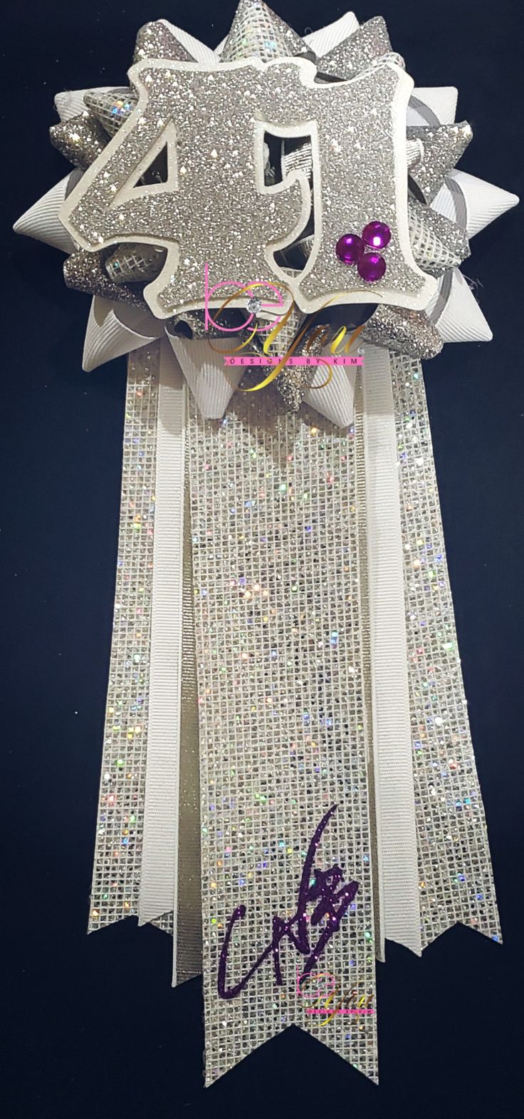 silver sparkles pin Birthday Pins Ribbon Ideas, Birthday Pin Ideas, Diy Birthday Pin, Birthday Pins, Homecoming Mums Diy, Purple Birthday, Homecoming Mums, 20th Birthday, Braided Hairstyles For Black Women