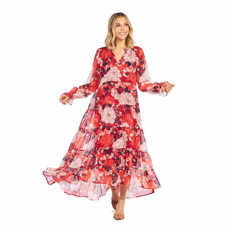 Our Simone Red Floral Maxi Dress is a flattering fit for all the events on your calendar. The chiffon tiered maxi dress features a ruffle collar, high-low hem, semi-sheer sleeves with flutter detail, and arrives fully lined. The dress measures approximately 44 1/2" from shoulder to hem on size small. Dress Features Ruffle collar Semi-sheer sleeves Fully lined Fit Details High-low hem Measures approximately 44 1/2" from shoulder to hem on size small. Hits 5'7 model mid-calf Model Details - Cam We Red Chiffon V-neck Maxi Dress, Red Maxi Length Chiffon Dress, Red Chiffon Maxi Dress With Long Sleeves, Red Chiffon Long Sleeve Maxi Dress, Tiered Chiffon Beach Dress, Red Long Sleeve Chiffon Maxi Dress, Red Floral Print Maxi Chiffon Dress, Red Floral Maxi Chiffon Dress, Red Chiffon Maxi Dress With Floral Print