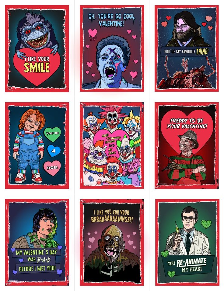 six horror themed valentine cards with the same character