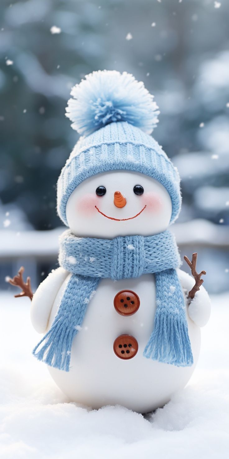 a snowman wearing a blue hat and scarf