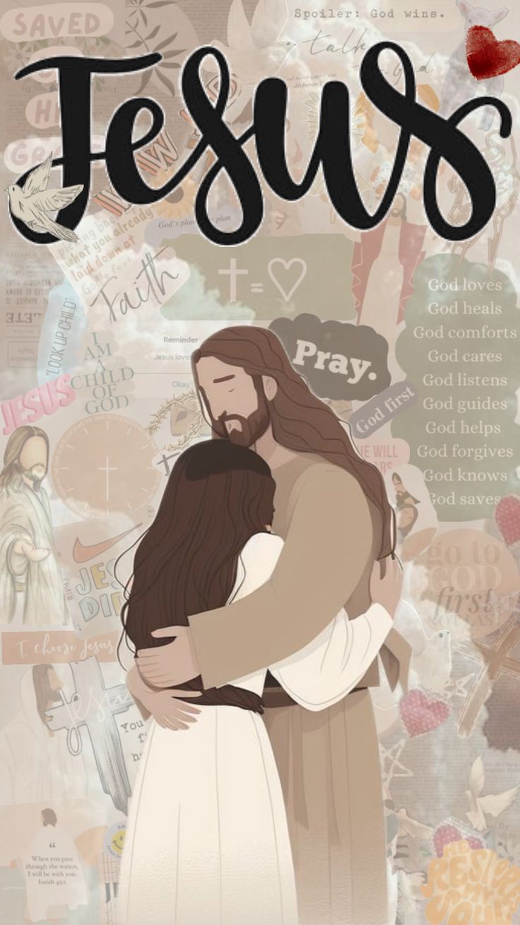 jesus and mary are hugging each other with the word jesus above them in black lettering