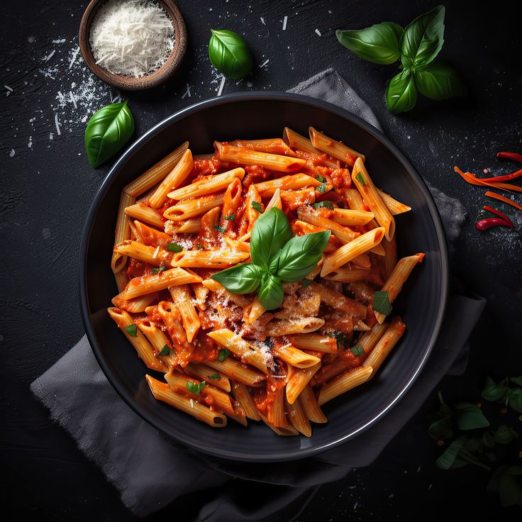 pasta with meat and tomato sauce in a black bowl on a dark background top view