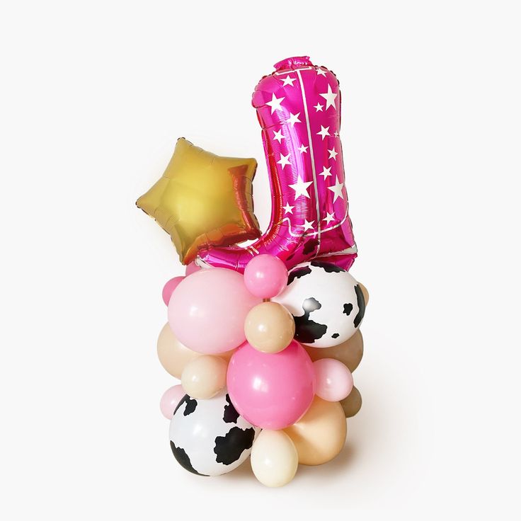 the balloon is shaped like a cowgirl's boot and has balloons attached to it