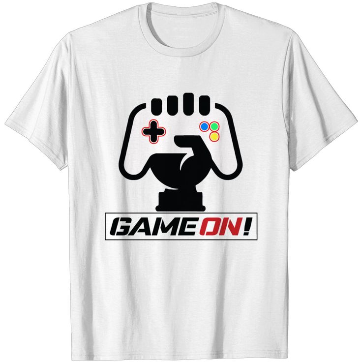 Game On ! T Shirt Funny White T-shirt With Logo Print, White Tops With Funny Text For Fans, White Graphic Tee With Funny Text, Funny White T-shirt With Graphic Design, Funny White Graphic Design T-shirt, Funny White Graphic T-shirt, White Short Sleeve T-shirt With Funny Text, White Cotton Gamer T-shirt, White Gamer T-shirt With Graphic Print