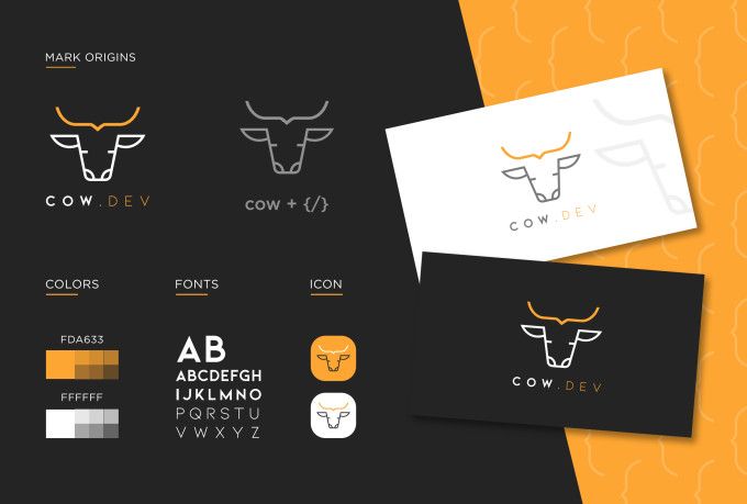 two business cards with bull heads on them and the words cow dev written in different languages