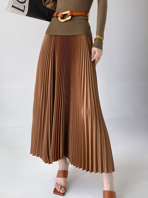 Casual Full-length Pleated Skirt, Elegant Non-stretch Winter Pleated Skirt, Non-stretch Long Brown Skirt, Non-stretch Brown Long Skirt, Pleated Bottoms For Fall, Casual Full Length Pleated Skirt For Fall, Winter Long Non-stretch Pleated Skirt, Non-stretch Winter Flared Maxi Skirt, Brown Skirt For Spring