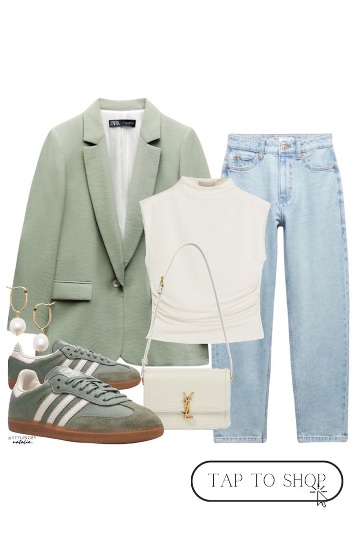 Casual outfit, everyday outfit, everyday look, summer outfit, adidas samba Mint Blazer Outfit, Green Crop Top Outfit, Green Blazer Outfit, Mint Blazer, Mint Green Blazer, Looks Adidas, White Outfits For Women, Trainers Outfit, Chique Outfit