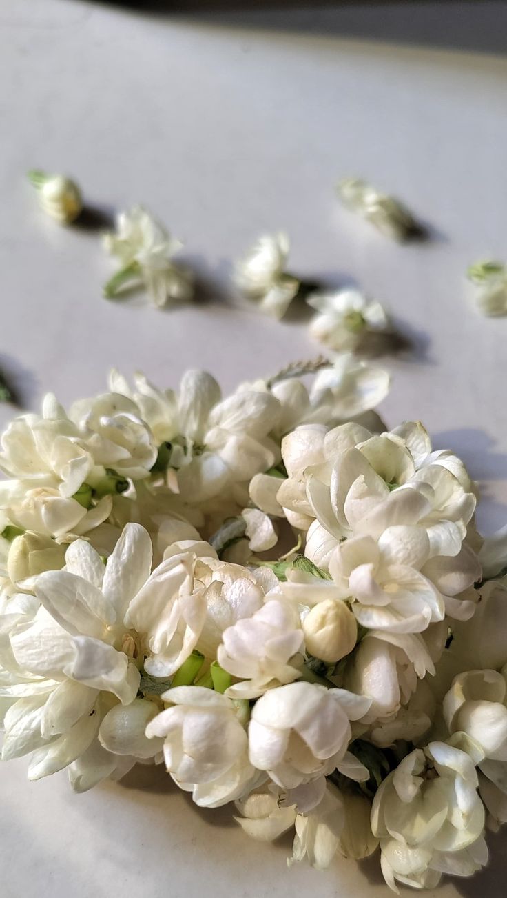 some white flowers are laying on the table