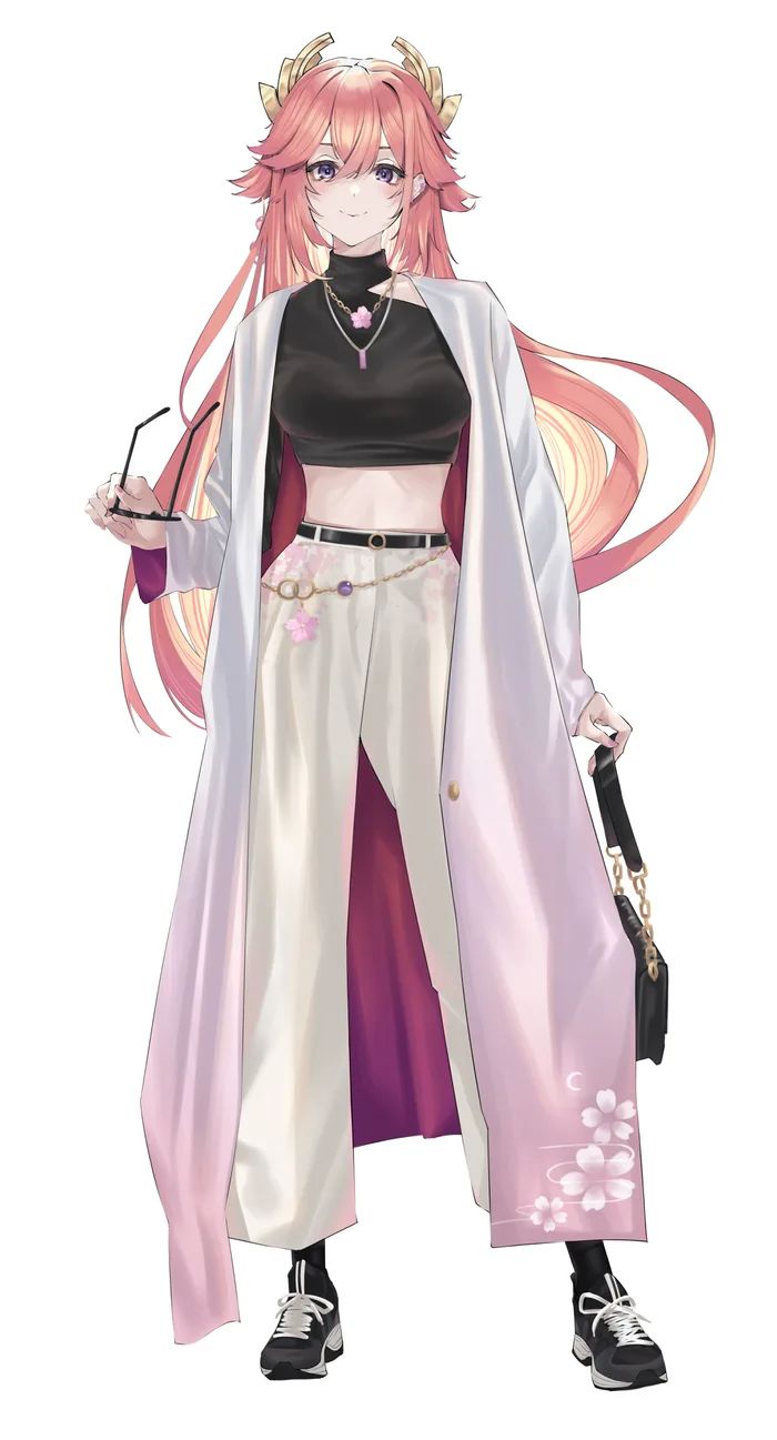 an anime character with pink hair and white pants, holding a black purse in her hand