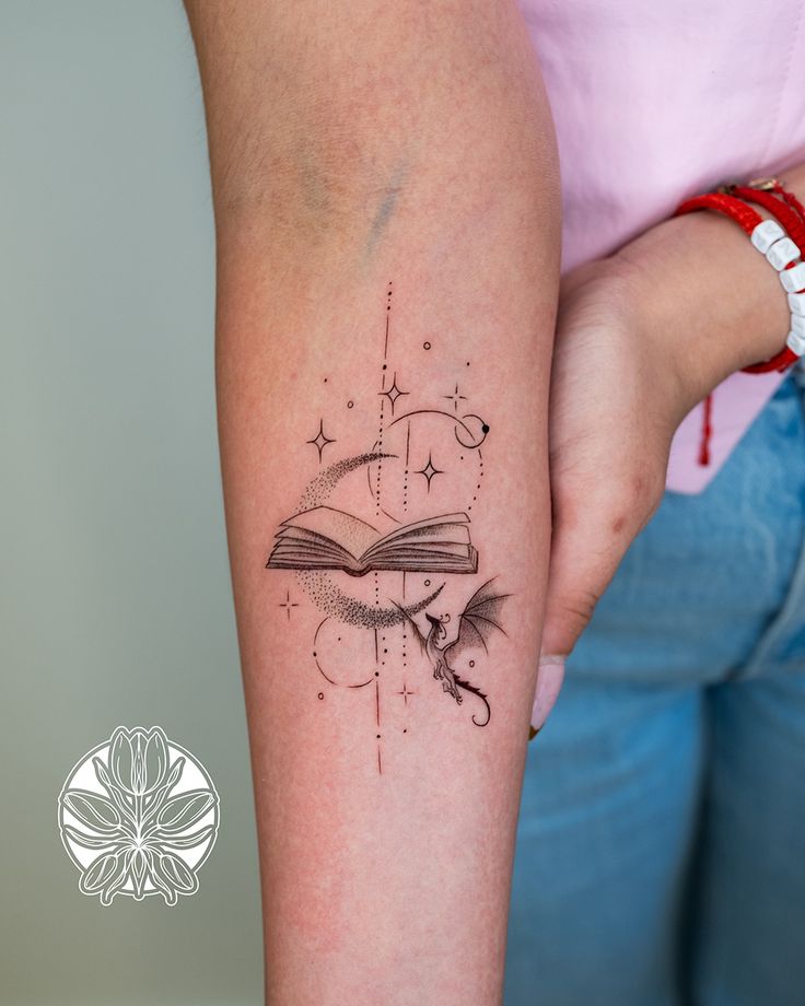 a woman's arm with a tattoo on it and an open book in the middle