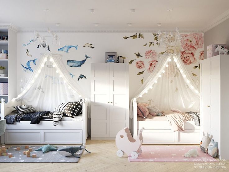 a child's bedroom decorated in white and pink