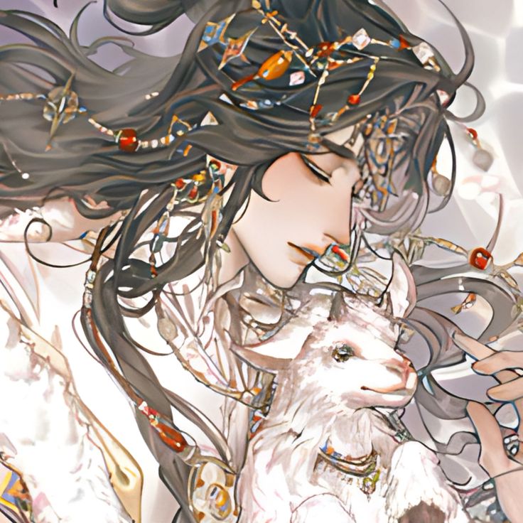 a woman with long hair holding a white sheep in her hands and wearing jewelry on her head