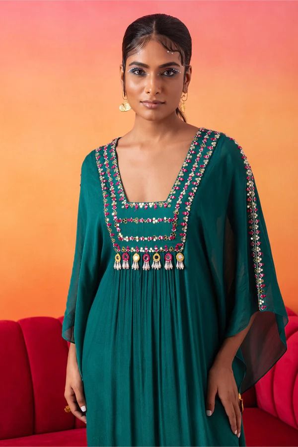 Seema Thukral | Emerald Green Kaftan | INDIASPOPUP.COM Seema Thukral, Green Kaftan, Kaftan For Women, Trendy Outfits Indian, Happy Dresses, Heavy Dresses, Designer Kurti Patterns, Kurti Patterns, Long Kurti Designs