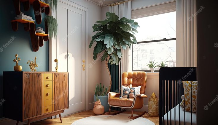 a baby's room with a crib, chair and potted plant