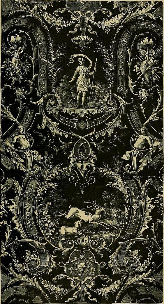 an old black and white painting with animals on it's sides, surrounded by ornate designs