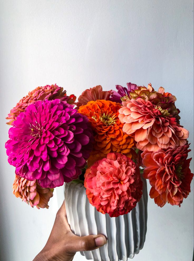 a hand holding a white vase filled with colorful flowers