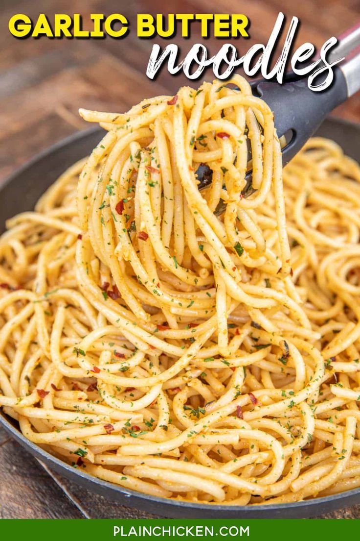 garlic butter noodles in a skillet with text overlay