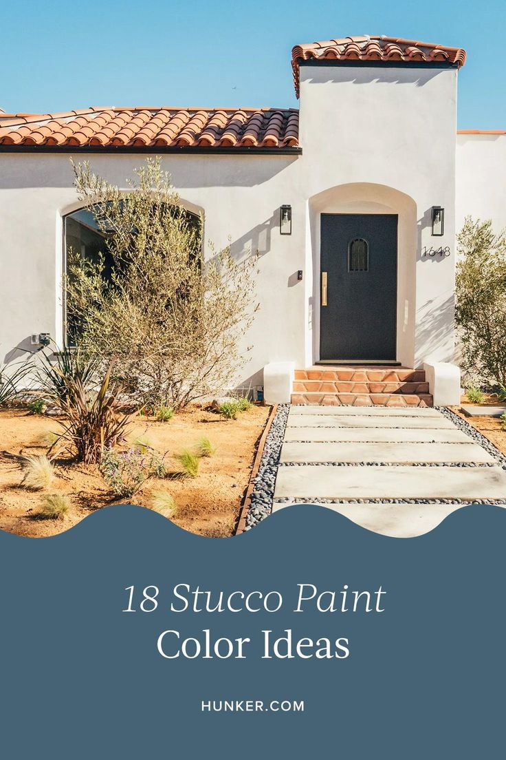 Still not sure what colors would be best for your traditional stucco home? Scroll on for our favorite color combinations and paint suggestions. #hunkerhome #stucco #stuccopaint #stuccopaintideas Neutral House Colors Exterior Stucco, Garage Door Stucco House, Italian Villa Exterior Paint Colors, Stucco White House, White Exterior Paint Colors Stucco, Coastal Stucco Exterior Colors, Stucco House Paint Exterior, Exterior Paint Colors For Concrete House, Stucco House Colors Exterior Paint Ideas Modern