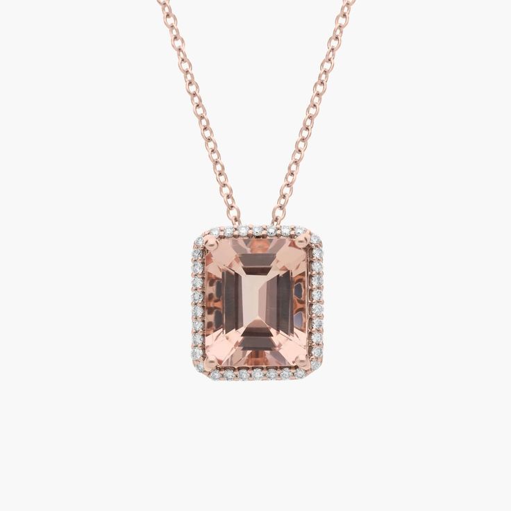 This romantic pendant is defined by an elegant emerald-cut morganite stone at its heart, surrounded by a shimmering halo. The warm gleam of the 14k rose gold complements the pink hues of the stone beautifully. Timeless Morganite Rose Gold Jewelry, Timeless Rose Gold Morganite Jewelry, Rose Gold Emerald-cut Jewelry With Halo Setting, Elegant Radiant Cut Morganite Jewelry, Emerald Cut Rose Gold Jewelry With Halo Design, Emerald Cut Rose Gold Halo Jewelry, Elegant 14k Rose Gold Emerald Cut Jewelry, Elegant Emerald Cut Morganite Jewelry, Elegant Emerald-cut Morganite Jewelry