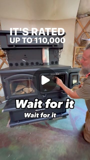 a man that is kneeling down in front of an oven with the words it's started up to 10, 0000 00 wait for it wait for it