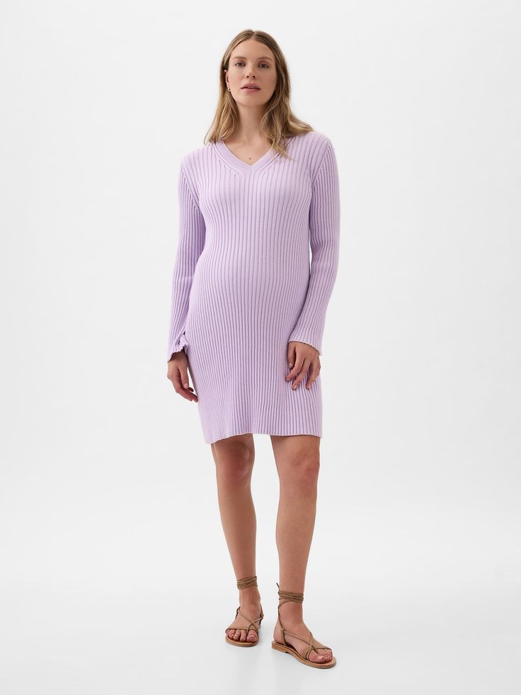 Soft cotton ribbed knit maternity sweater dress.  V-neck.  Long sleeves.  Please note: Maternity styles cannot be returned in store.  Please enjoy free returns by mail.  Choose your maternity Ribbed V-neck Sweater Dress For Loungewear, Ribbed V-neck Sweater Dress For Spring, Casual V-neck Ribbed Sweater Dress, Casual Ribbed V-neck Sweater Dress, Spring V-neck Sweater Dress For Loungewear, Spring Ribbed V-neck Sweater Dress, Spring V-neck Ribbed Sweater Dress, Maternity Ribbed Dress, Casual Ribbed Maternity Dresses